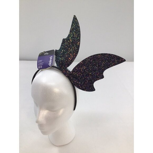 Claire’s Skinny Black Headband With Large Purple Glitter Bat Wings Halloween - Picture 2 of 2